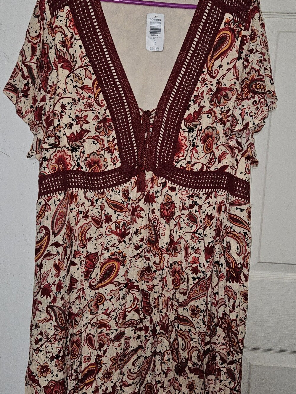 Torrid 4X Paisley Floral Crochet Trim Lace Up Flutter Sleeve Dress NWT